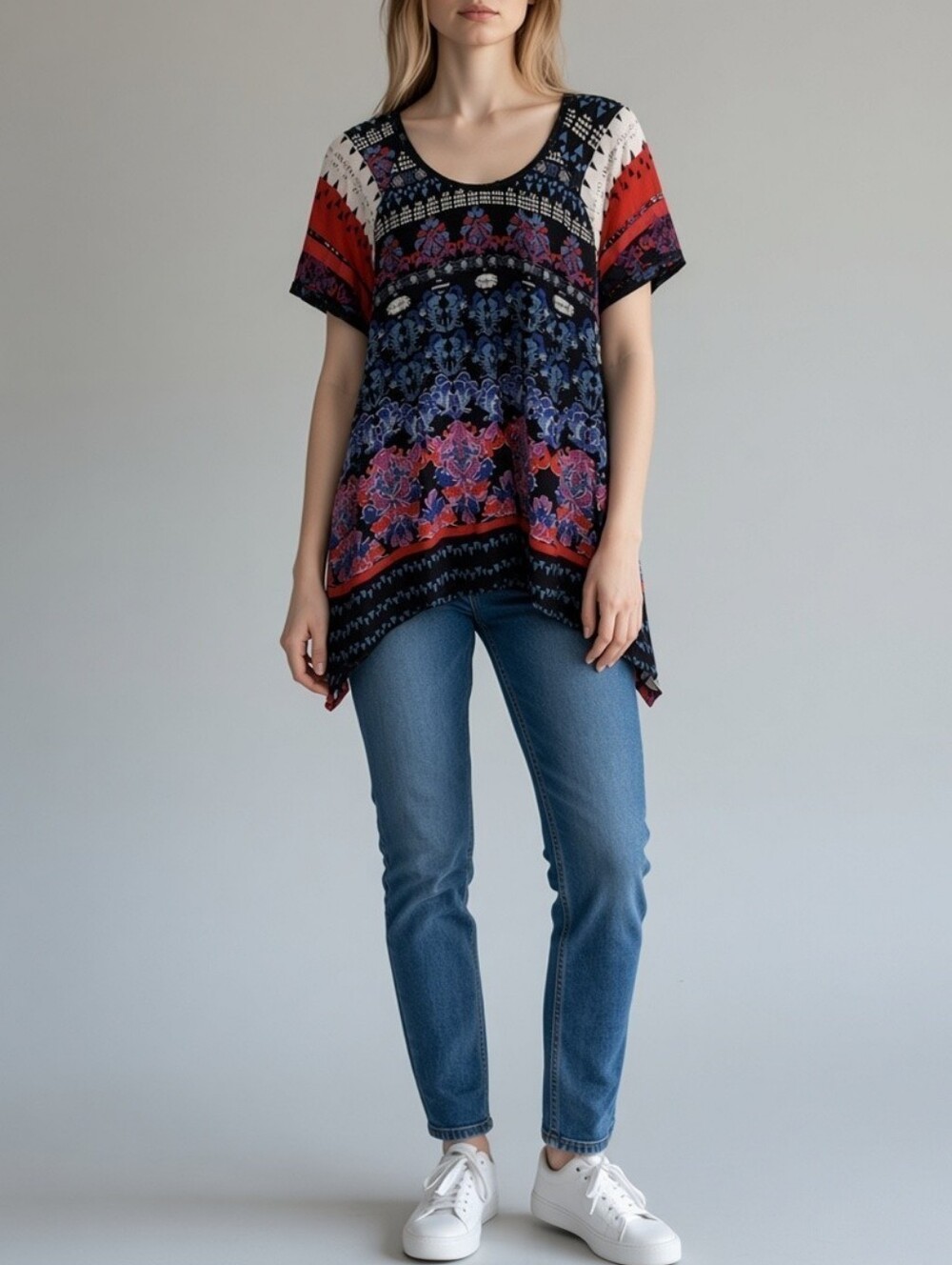 Charming Charlie Geometrical Print Short Sleeve Tee Womens XL Bobo Retro Artsy